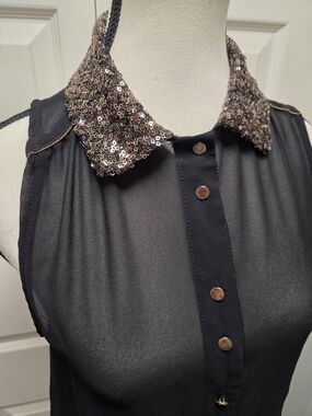 Sweewe Paris Sequin Collar Sheer Sleeveless High Low Blouse